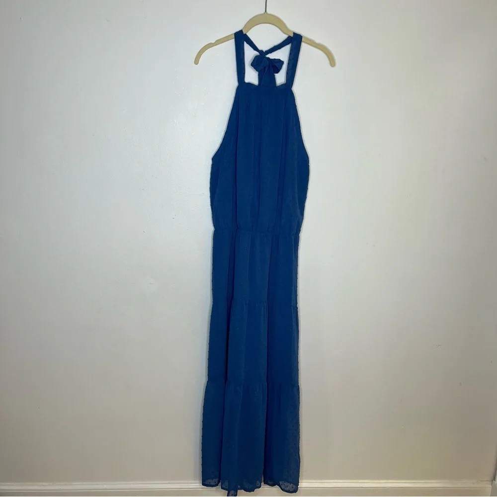 NWT Soft blue Swiss dot halter tiered sleeveless maxi dress size Large - Picture 3 of 8